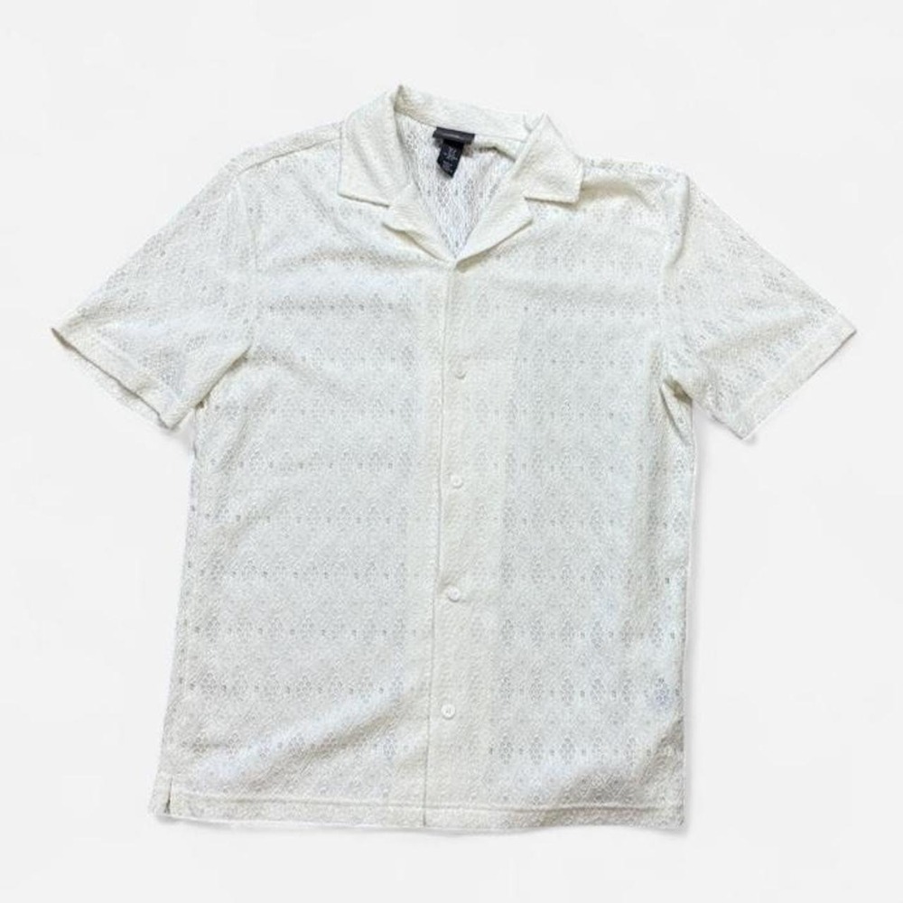 H&M Cream Crochet Knit Short Sleeve Button Up Shirt Medium